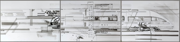 Philipp Gloger - geänderte Wagenreihung (Ausschnitt) - Tusche auf Karton - 70 x 300 cm