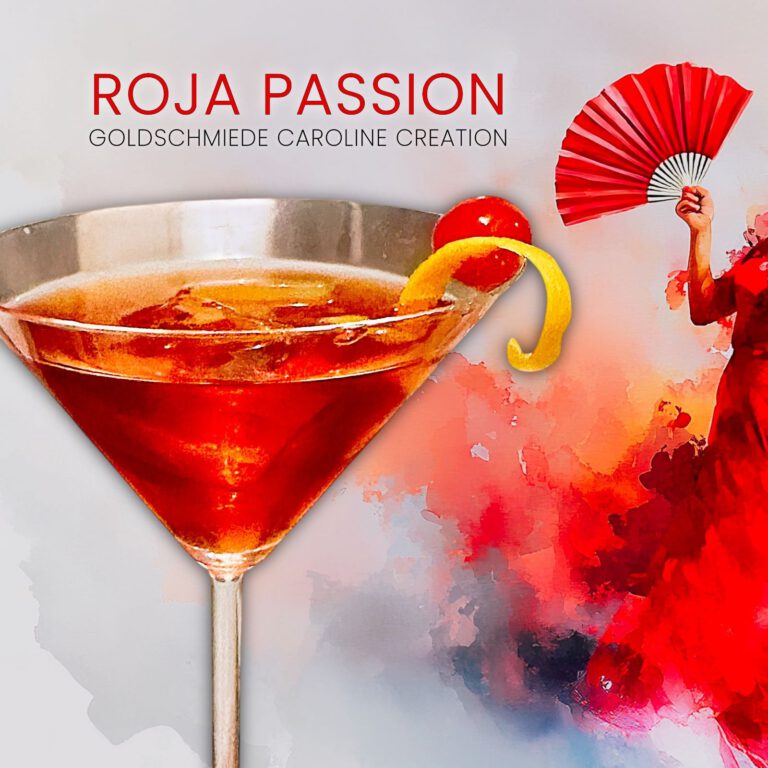 Roter Cocktail im Martini-Glas, garniert mit Zitronenzeste und Cocktailkirsche, neben einer stilisierten Flamenco-Tänzerin mit rotem Fächer.